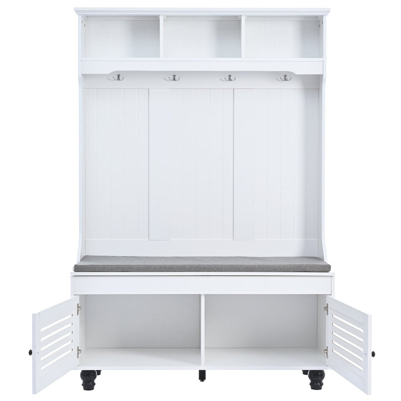 5-in-1 Entryway Bench with Shutter-shaped doors, Coat Rack, Cushion and 4 Sturdy Hooks, 47.2" Wide Hall Tree with Storage Bench for Hallway, Entryway, Living Room