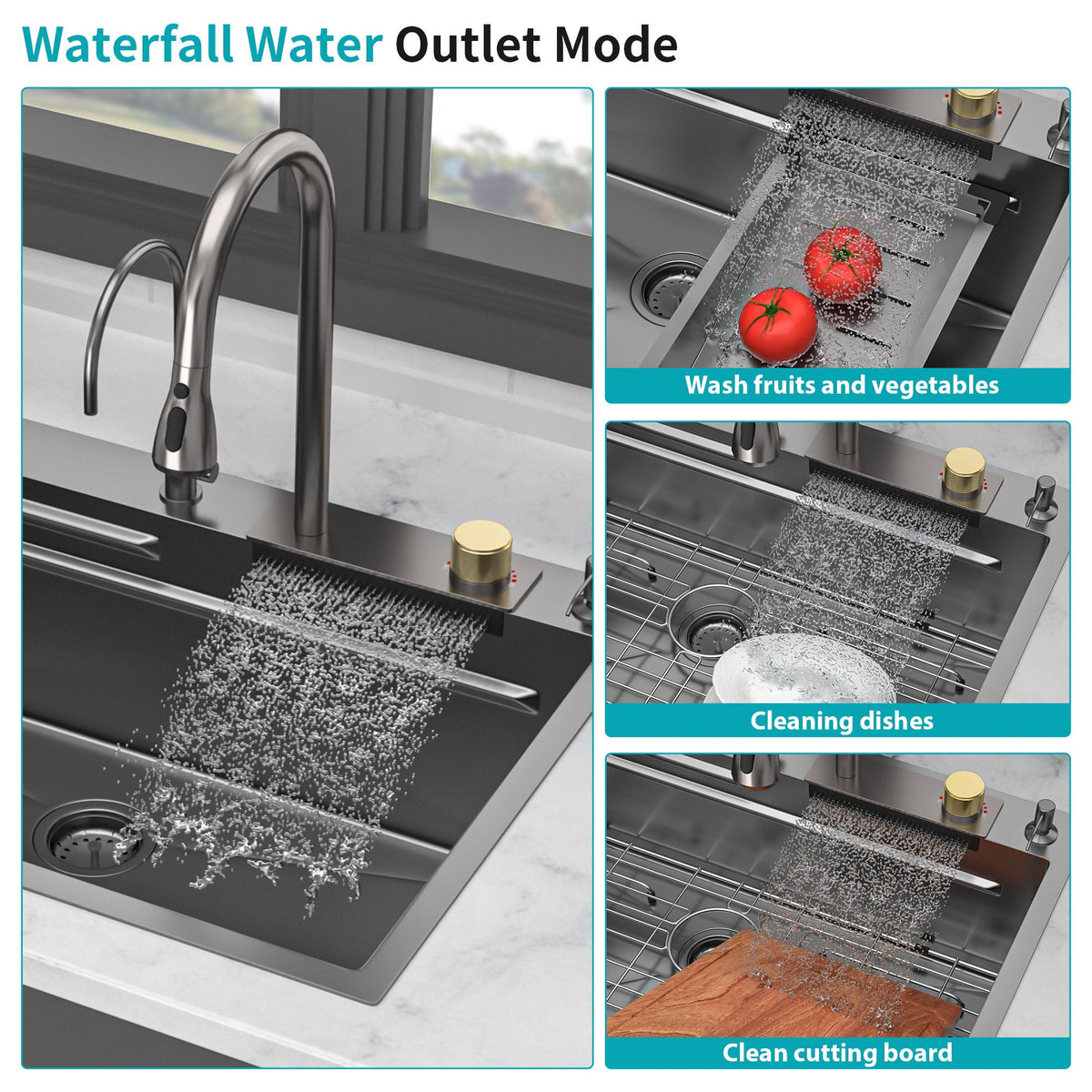 Waterfall Kitchen Sink With Pull Out Faucet & Cup Washer, photo 9 of 40