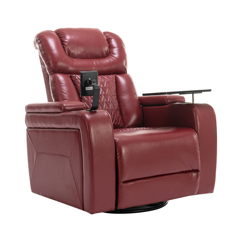 270 Degree Swivel PU Leather Power Recliner Individual Seat Home Theater Recliner with Comforable Backrest, Tray Table, Phone Holder, Cup Holder, USB Port, Hidden Arm Storage for Living Room, Red