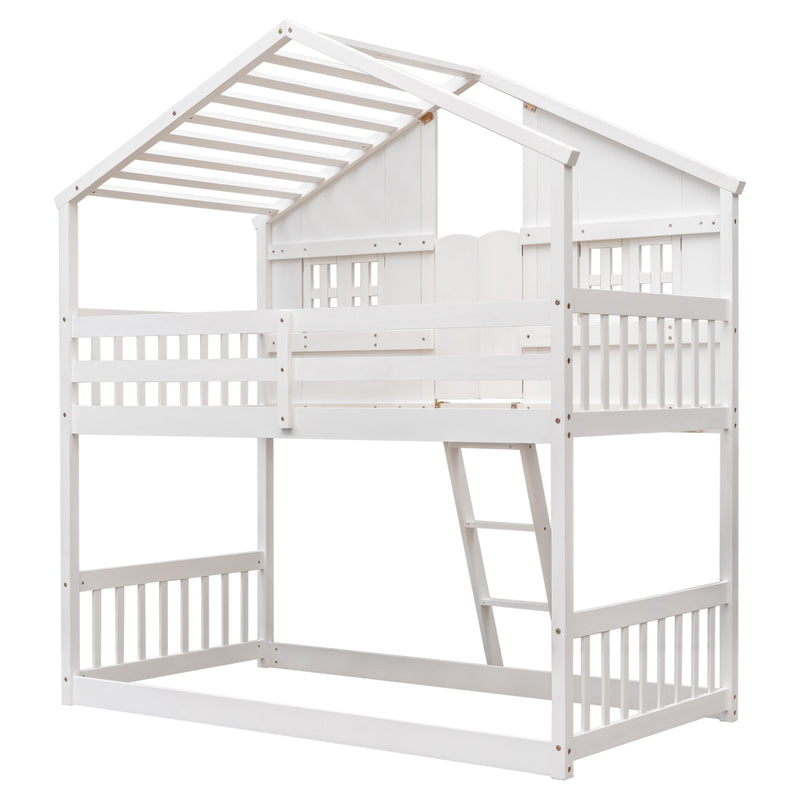 Twin over Twin House Bunk Bed with Roof, Window, Window Box, Door, with Safety Guardrails and Ladder, White