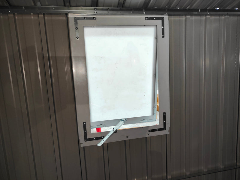 8x12 Ft Metal Outdoor Storage Shed with Window, Floor Base, Air Vents and Double Hinged Door