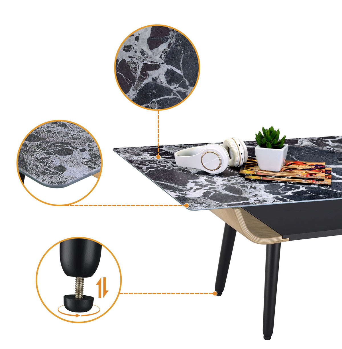 Landon - Coffee Table With Glass Marble Texture Top And Bent Wood Design, photo 6 of 15