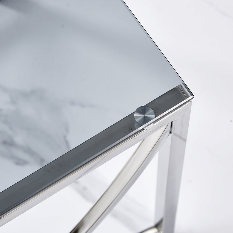3 Pieces Silver Square Nesting Glass End Tables- Small Coffee Table Set- Stainless Steel Small Coffee Tables with Dark Gray Tempered Glass- 18" Modern Minimalist Side Table for Living Room (Curve)