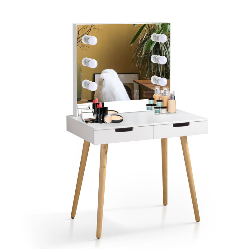 Walker Edison - Wooden Vanity Table Makeup Dressing Desk with LED Light,dressing table with USB port,White