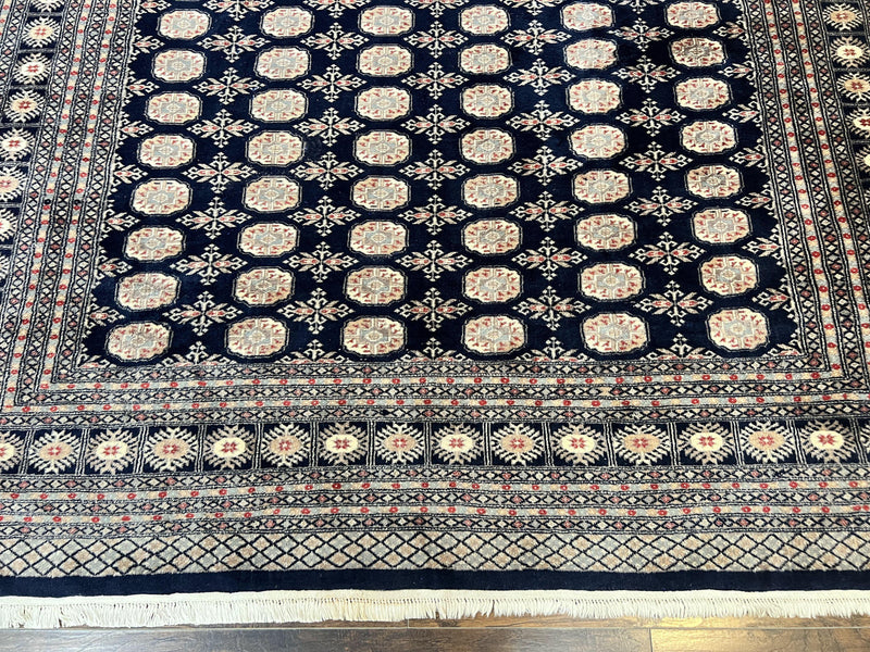 Pakistani Bokhara Rug 8x10, Turkoman Carpet, Dark Blue and Beige, Vintage Handmade Wool Carpet