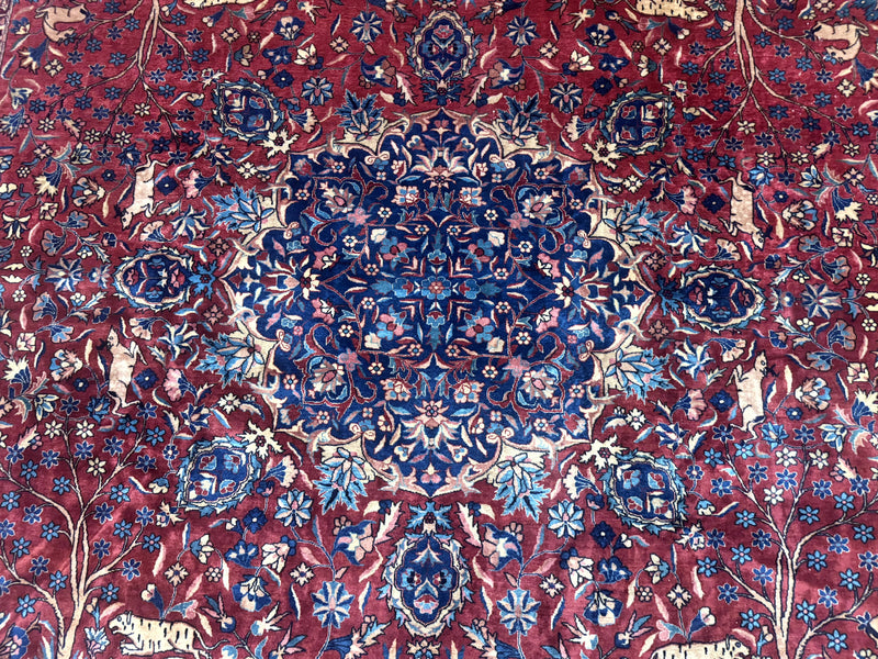 Antique Indo Persian Kerman Rug 9x12 Red Manchester Wool Animal Pictorials, Fine 290 KPSI