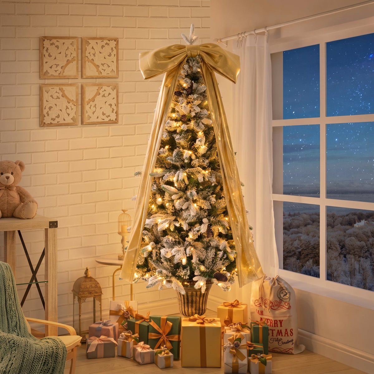 6FT Pre-Lit Flocked Christmas Tree with 42 Real Pine Cones, photo 2 of 8