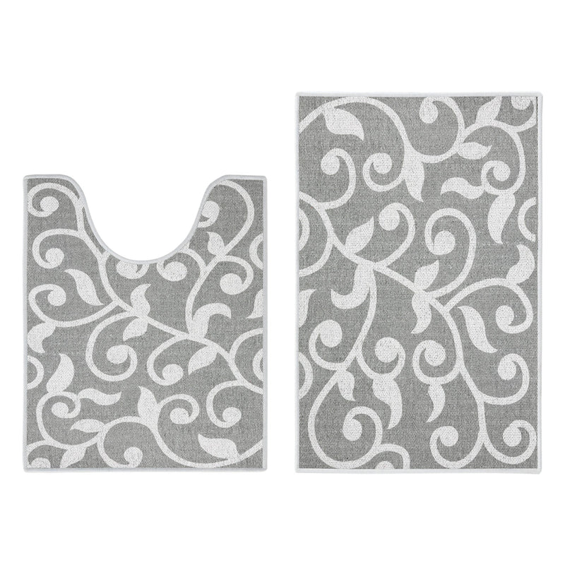 Floral Design 2 Piece Bathroom Rugs Set | Gray