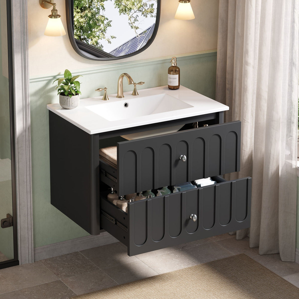 Floating Bathroom Vanity With Oval Knobs & Round Edge, Soft Close Drawer Slides, photo 4 of 14