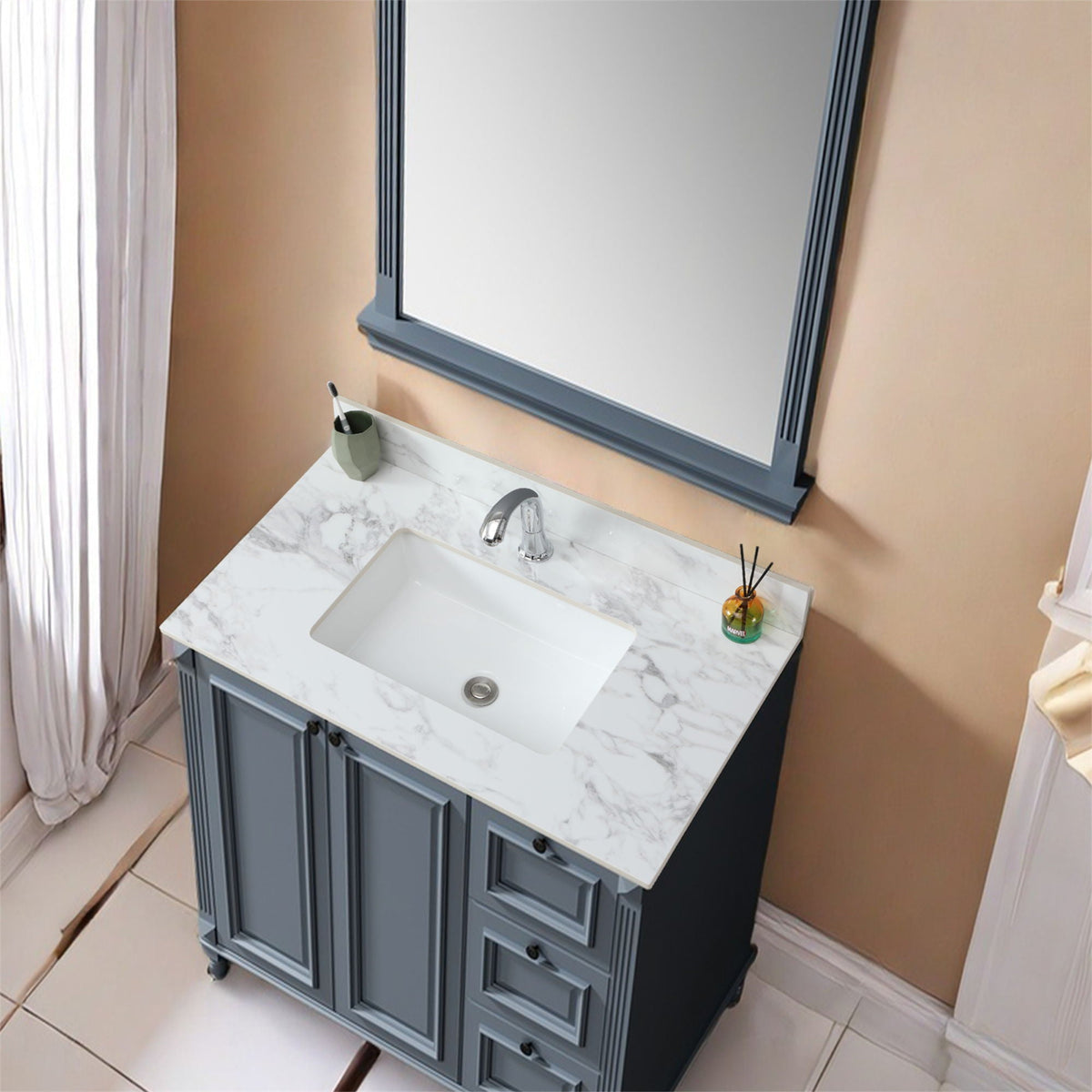 Elegant Bathroom Vanity Top With Rectangular Ceramic Sink And Backsplash, photo 6 of 19