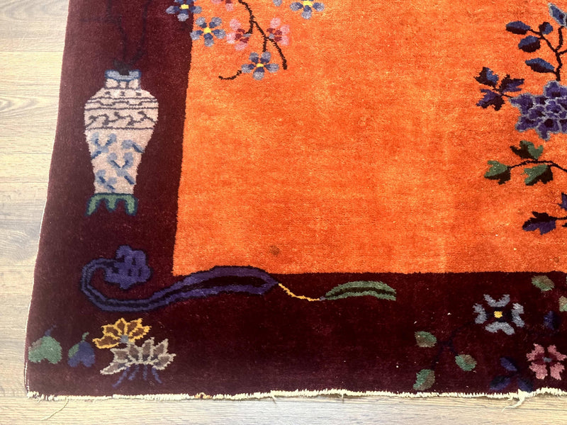 Chinese Art Deco Rug 5x8, Antique Chinese Wool Rug, Nichols Rug, Rare Chinese Carpet, Orange and Purple-Maroon