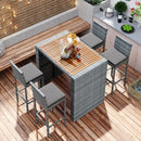 5-piece Outdoor Patio Wicker Bar Set, Bar Height Chairs With Non-Slip Feet And Fixed Rope, Removable Cushion, Acacia Wood Table Top, Brown Wood And Gray Wicker by Montret
