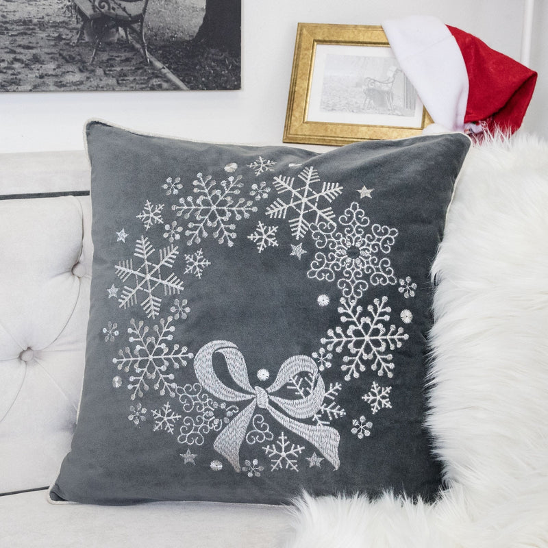 Gray Velvet Holiday Throw Pillow with Snowflake Wreath Embroidery, photo 5 of 5