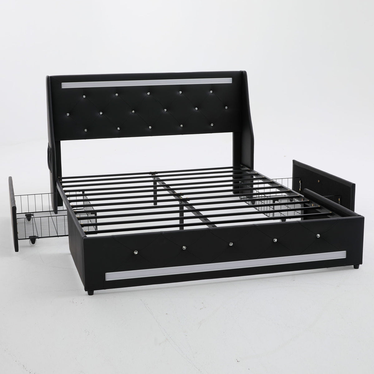 Wingback Upholstered Bed Frame With LED Lights, Charging Station, photo 8 of 40