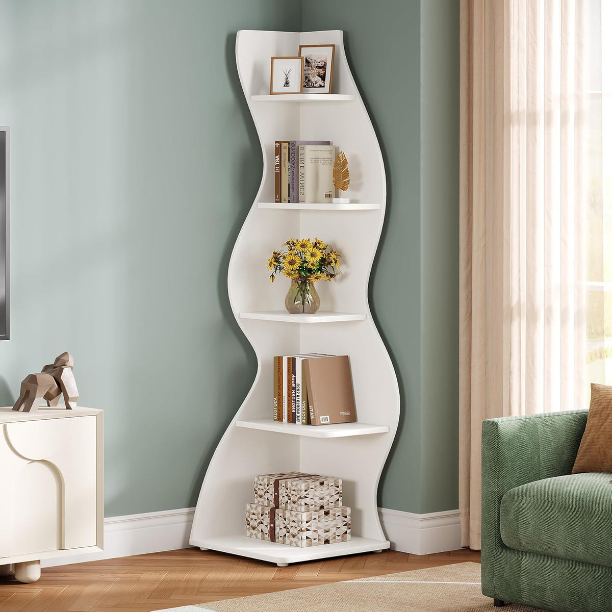 5 Tier Wavy Corner Bookshelf And Plant Stand For Living Room, photo 10 of 24