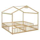 Double Twin House-Style Floor Bed with Fence, Guardrails, without door, Natural(Old Sku:W504P143318)