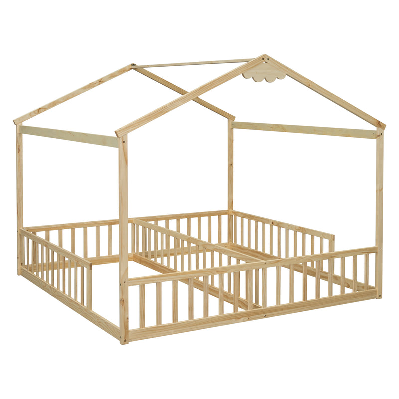 Double Twin House-Style Floor Bed with Fence, Guardrails, without door, Natural(Old Sku:W504P143318)