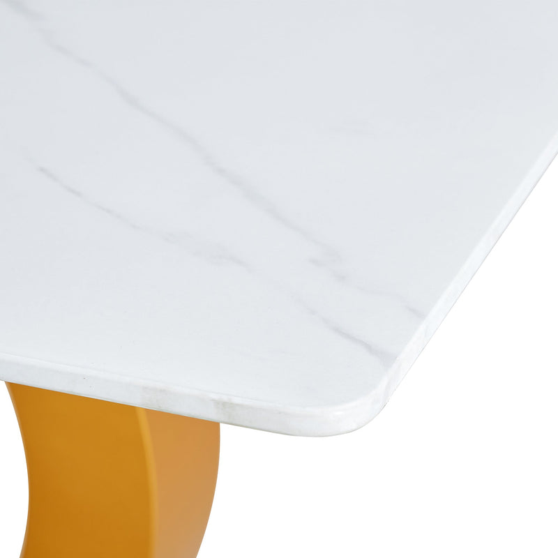 A modern minimalist rectangular dining table suitable for 6-8 people, a set of 6-piece PU leather backrest and gold metal legs modern dining chairs. F-OC