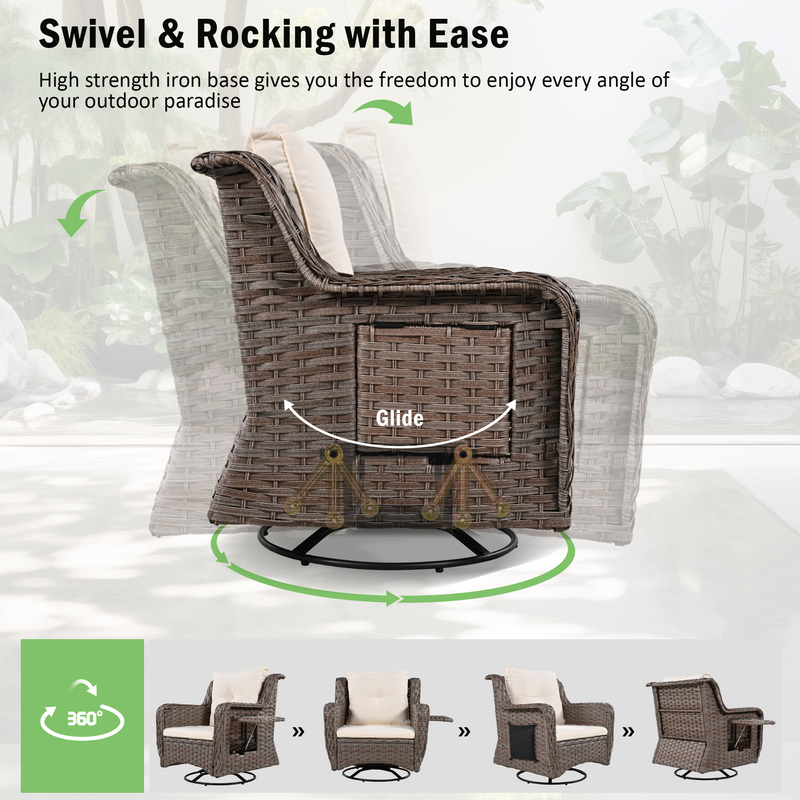 5 Pieces Outdoor Patio Furniture Set with Pet House Cool Bar and Retractable Side Tray, Rattan Wicker Patio Swivel Rocking Chairs Set of 2 with Ottomans for Backyard, Porch, Balcony, Beige