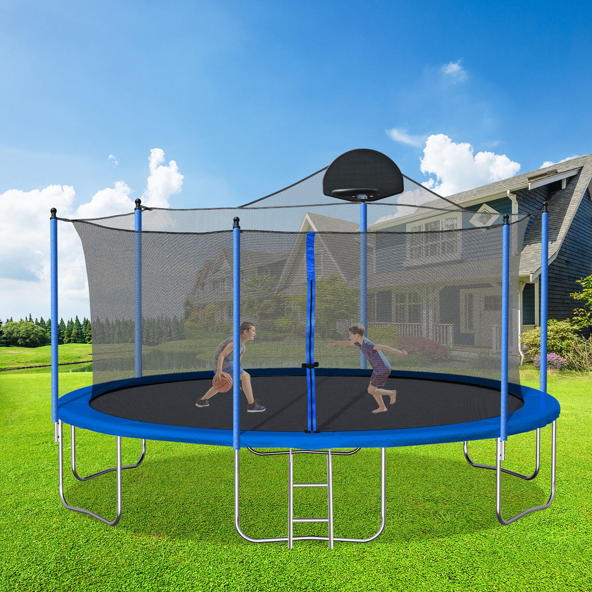 14Ft Trampoline For Adults & Kids With Basketball Hoop, Outdoor Trampolines With Ladder And Safety Enclosure Net For Kids And Adults - Blue, photo 8 of 15