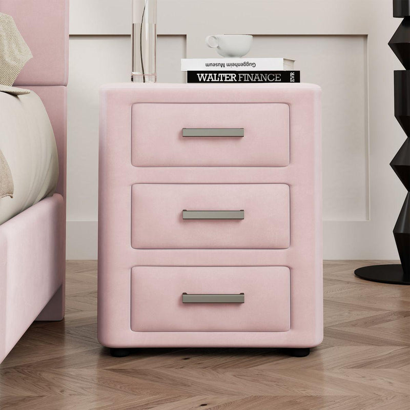 3 Pieces Bedroom Sets Full Size Velvet Upholstered Platform Bed Vertical Channel Tufted Headboard and Two Three-drawer Nightstands,Pink