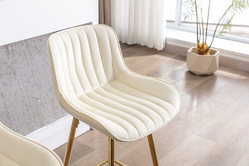 30 inch Set of 2 Bar Stools, with Chrome Footrest Velvet Fabric Counter Stool Golden Leg Simple High Bar Stool, CREAM