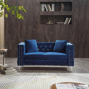 2 Piece Modern Velvet Living Room Set with Sofa and Loveseat, Jeweled Button Tufted Copper Nails Square Arms, 4 Pillows Included, Blue