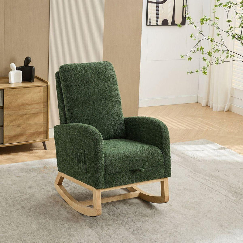 25.4"W Rocking Chair for Nursery, High Back Glider Chair with Retractable Footrest, Side Pocket, Rocking Accent Armchair with Rubber Wood Legs for Living Room/Bedroom.Green