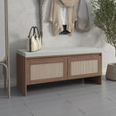 Storage Bench With Cushion, Shoe Cabinet With 2 Doors - Antique Natural / Rattan