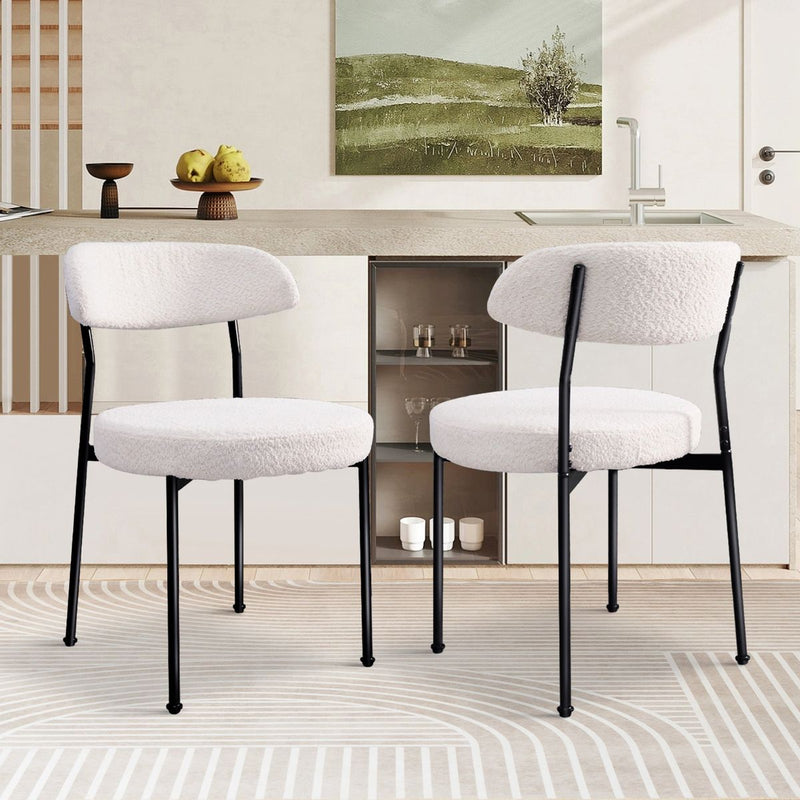 Boucle Upholstered Dining Chairs with Curved Backrest & Metal Legs Set of 2, Beige