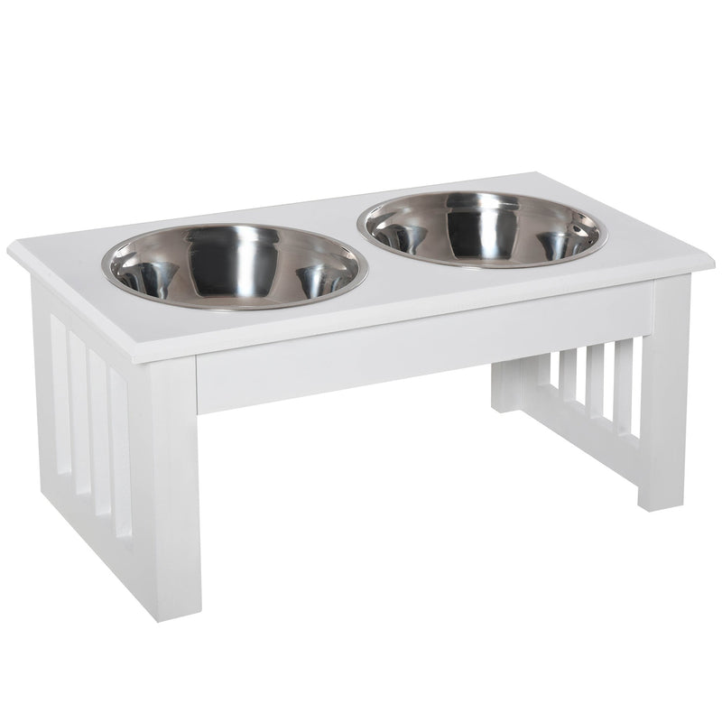 6" Height Small Puppy Dog Feeding Station for Messy Pets, Stainless Steel Elevated Dog Bowls with Modern Wooden Frame, Dog Food Stand Pet Feeding Station, White