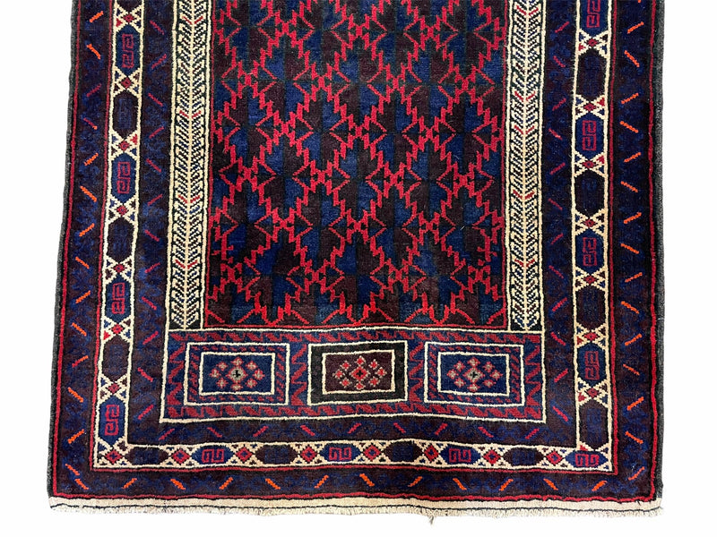 3x5 Vintage Handmade Tribal Wool Rug Balouchi Prayer Rug Afghan Rug Red Blue Wow