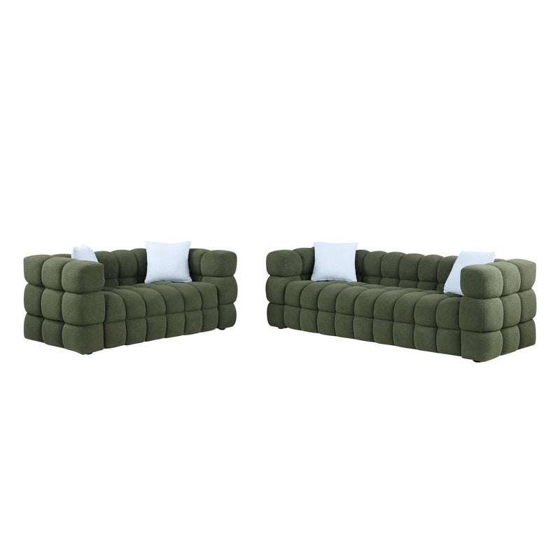 84.3/62.2 length, 35.83" deepth, human body structure for USA people, marshmallow sofa,boucle sofa, olive green color,3 seater. sofa and loveseater