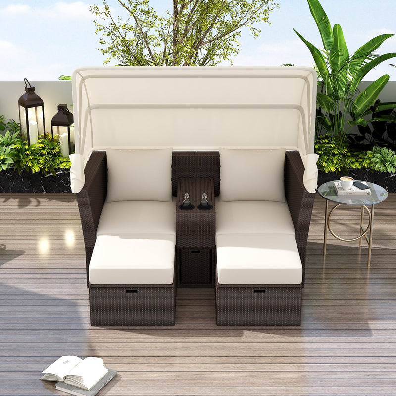 2-Seater Outdoor Patio Daybed Outdoor Double Daybed Outdoor Loveseat Sofa Set with Foldable Awning and Cushions for Garden, Balcony, Poolside, Beige