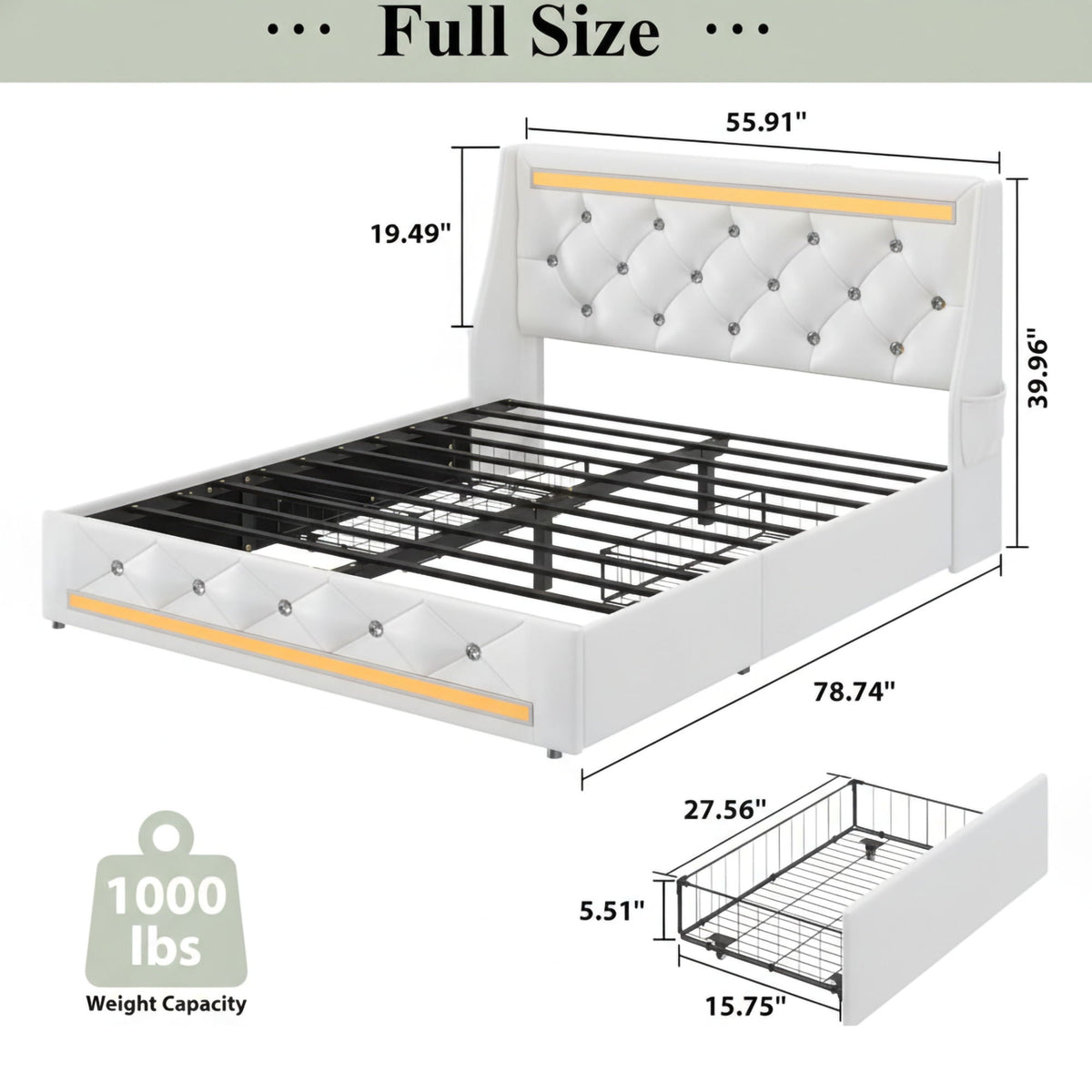 Wingback Upholstered Bed Frame With LED Lights, Charging Station, photo 9 of 40