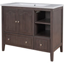 36" Bathroom Vanity with Ceramic Basin, Bathroom Storage Cabinet with Two Doors and Drawers, Solid Frame, Metal Handles, Brown