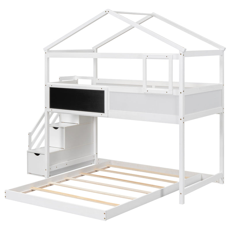 Walker Edison | Twin over Full House Bunk Bed with Storage Staircase and Blackboard, White