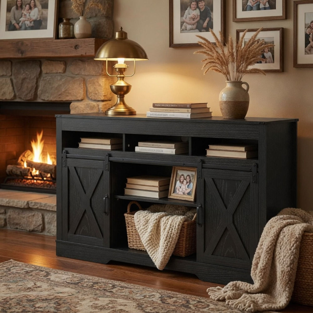 Farmhouse TV Stand With Sliding Barn Doors & Adjustable Storage, photo 13 of 40