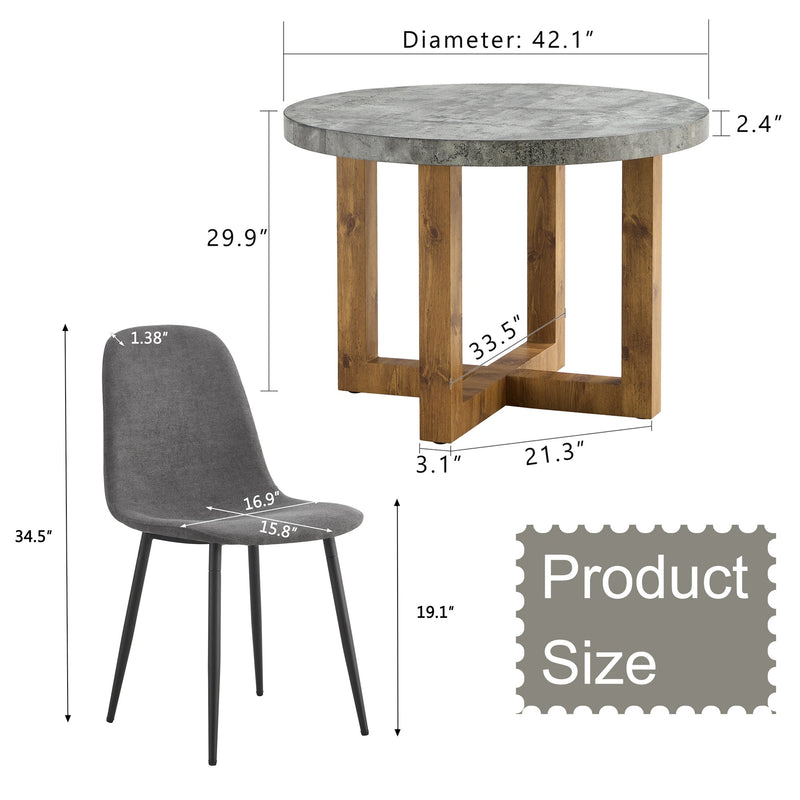 A modern and practical circular dining table. Made of MDF tabletop and wooden MDF table legs. A set of 4 cushioned chairs.