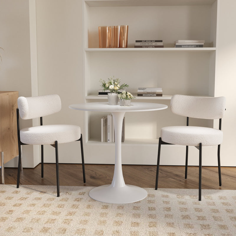 31.5" round dining table set for 2 and 2 pieces Upholstered Chairs for Four Person, MDF Table-top, Off White Faux Fur with White table Leg for Kitchen, Reception Room