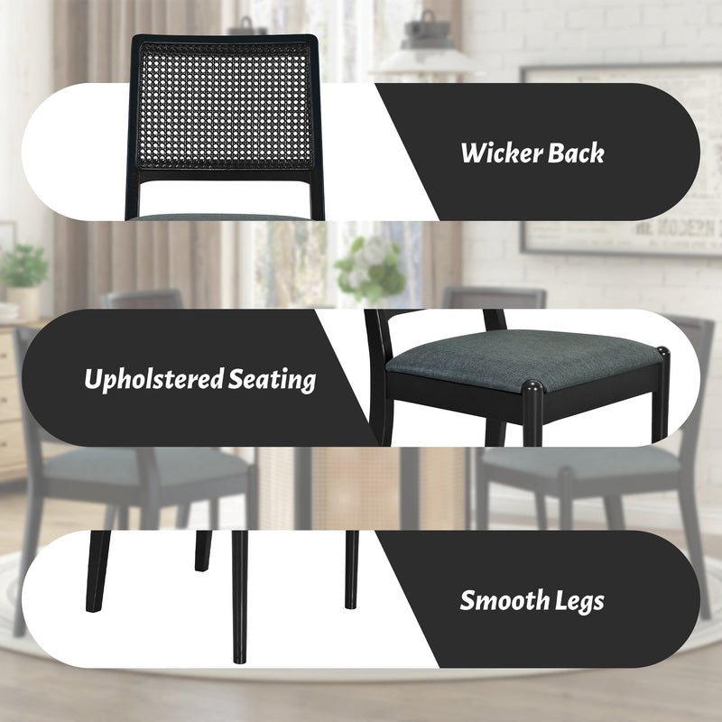 5-Piece Rattan Round Dining Table Set, Wood Table with Hexagonal Base and Upholstered Chairs for Dining Room, Kitchen,Indoor Use, Black+Gray