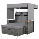 2-Piece Rattan Outdoor Patio Bench Lounge Roof Set, Effective UV Protection Fabric & Waterproof Cushions and Adjustable Backrest for Garden, Backyard and Porch (Grey Wicker + Grey Fabric)