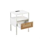 15.75" Rattan End table with Power Outlet & USB Ports, Modern nightstand with drawer and metal legs, side table for living room, bedroom,white(1 PC)