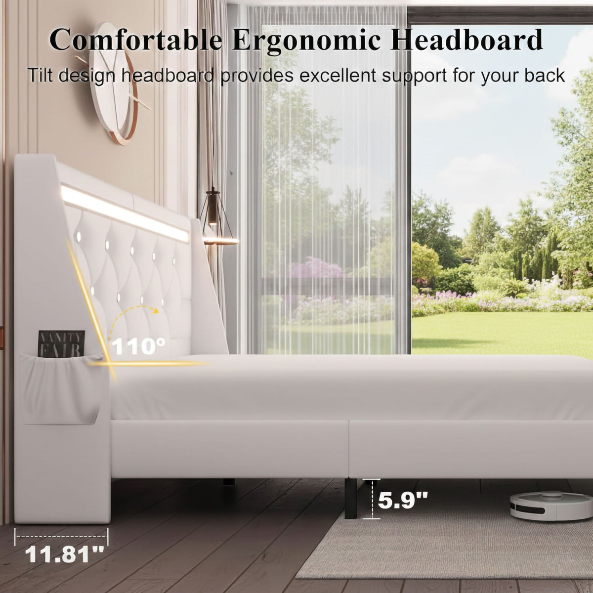 Wingback Upholstered Bed Frame With LED Lights, Charging Station, photo 10 of 40