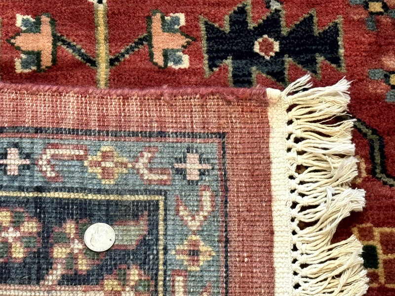 Indo Persian Heriz Serapi Rug 6x8, Rust Red and Navy Blue, Allover Pattern