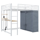 Loft Bed With Desk, Shelves, Power Outlet, LED Light And Wardrobe