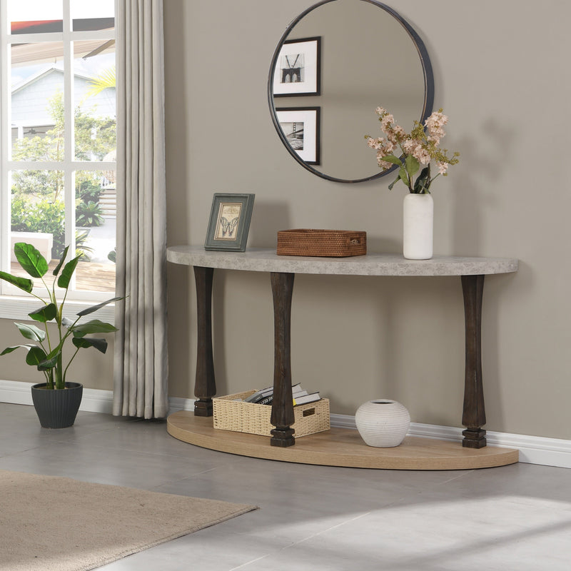 48 inch Long Semi Circle Demilune Sofa Table for Small Hallway Entryway Space, Wooden Half Moon Sturdy Console Tables, Grey&Natural Colour