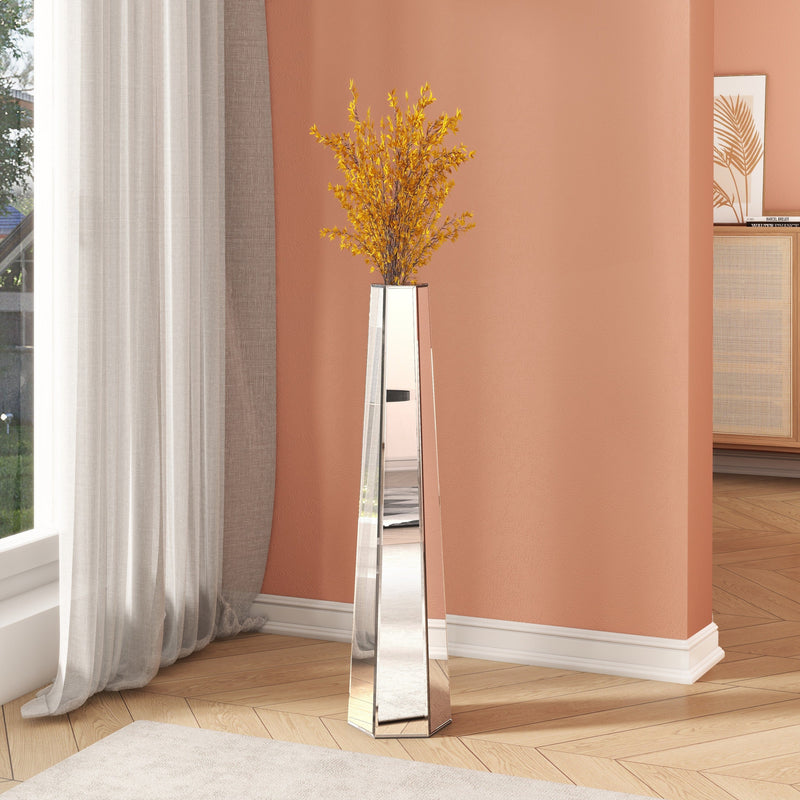 Handmade Silver Glass Floor Vase with Mirrors and MDF, 29.92 Inches Tall