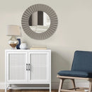 32 Inch Round Beveled Floating Wall Mirror with Corrugated Design Wooden Frame, Gray
