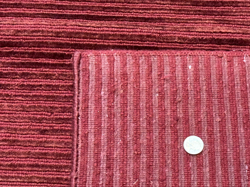 Modern Tibetan Rug 8x10, Red, Stripes, Handmade Wool Thick Pile Carpet